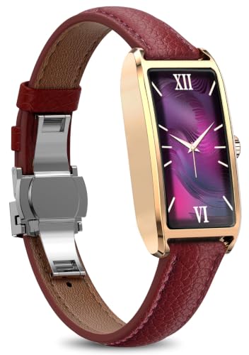 Elegant Smart Watch for Women AMOLED Fitness Tracker with Leather Band - color: Champagne Gold Cherry