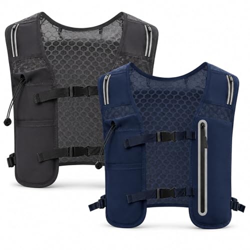 2 Pcs Running Vest for Women Men, Reflective Running Vest with Adjustable Waistband & Phone Pocket, Outdoor Pack Lightweight Breathable Backpack for Marathon Hiking - color: Dark Gray, Navy Blue