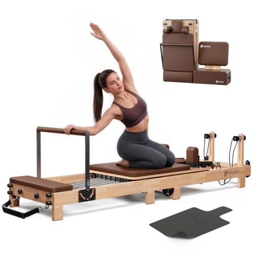 Pilates Reformer, PAETA 92" Wooden Pilates Reformer Machine with Springs, Pilates Machines for Home Use and Studio, Pilates Equipment with Sitting Box, Jump Board and Accessories - color: Walnut
