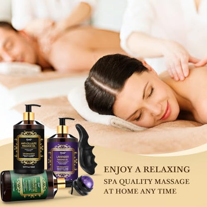 Pjordo 3 Pack Massage Oil for Massage Therapy, Lavender Oil for Relaxation, Sore Muscle Arnica Oil & Cellulite Massage Oil, with Massage Roller Ball & Thumb Saver Tool, Massage Kit for Him Her