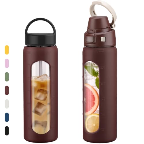 MUKOKO 24oz Glass Water Bottle with Straw, 2 Lids-Staw Lid and Screw Handle Lid, Reusable Drinking Bottle with Time Marker for Sports and Home, Brown - color: Brown, size: 24 Ounces