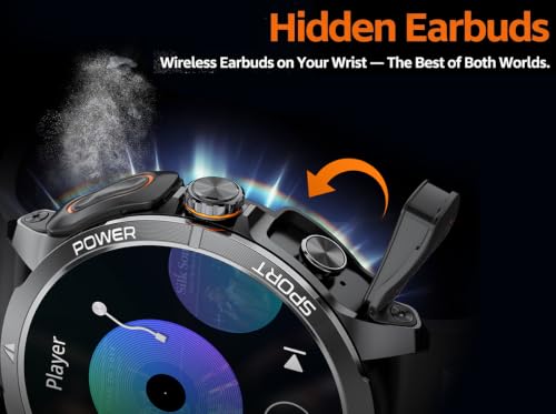 Military Smart Watch with Earbuds for Men and Women,+ Metal Band - color: Black RD +Steel band& 2Glass