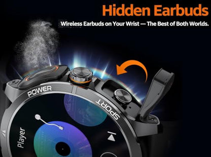 Military Smart Watch with Earbuds for Men and Women,+ Metal Band - color: Black RD +Steel band& 2Glass