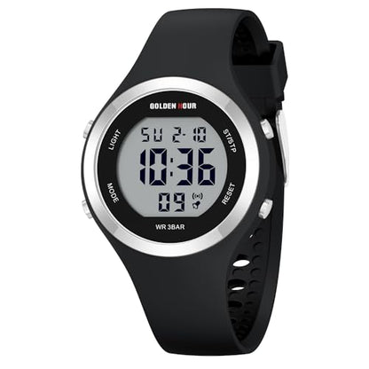 GOLDEN HOUR Waterproof Sport Women's Digital Chronograph Silicone Strap Watch - color: Silver Black