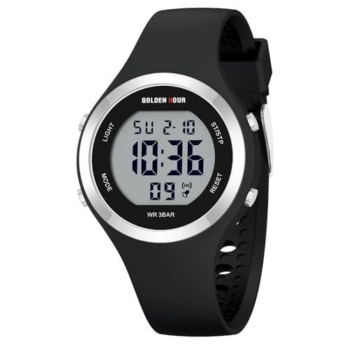 GOLDEN HOUR Waterproof Sport Women's Digital Chronograph Silicone Strap Watch - color: Silver Black