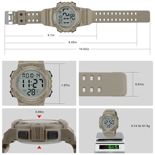 Mens Digital Watch, Sport Military Watch for Men, LED Large Face - color: 03-Khaki