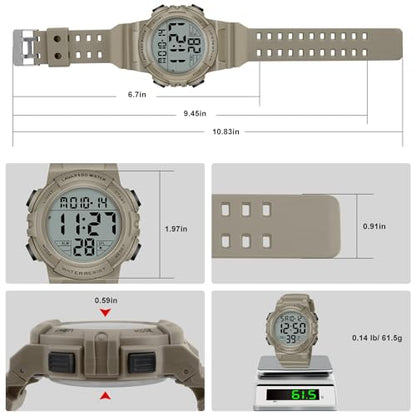 Mens Digital Watch, Sport Military Watch for Men, LED Large Face - color: 03-Khaki