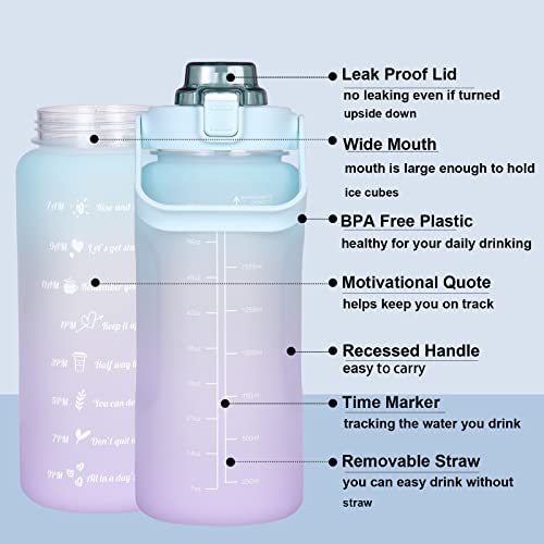 RYI Large Half Gallon 64 OZ Motivational Water Bottle with Straw Time Marker BPA Free for Sport and Fitness Blue Purple - color: cyan-blue-purple