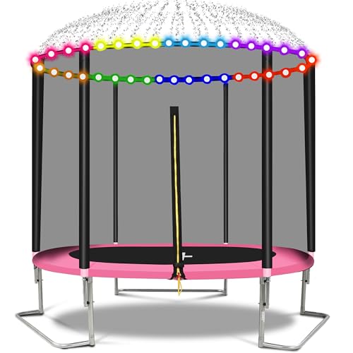 1500 LBS 8FT 12FT 14FT 16FT Trampoline for Kids and Adults, Outdoor Trampoline with Enclosure Net, Sprinkler, Water Ball, Large Trampoline with Lights with Music Speaker, Socks - ASTM Approved - color: Pink 8FT