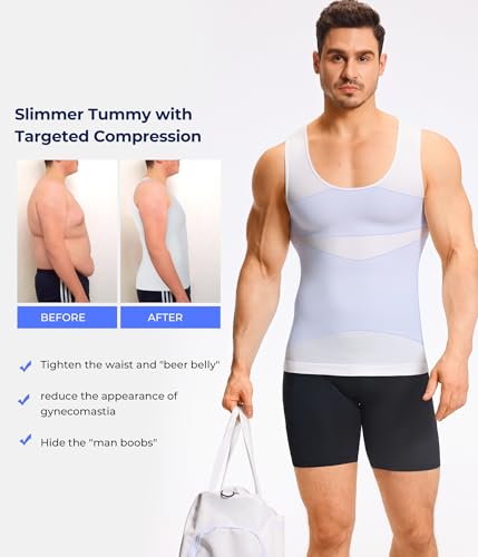 TAILONG Mens Compression Shirt - Slimming Body Shaper Sleeveless Workout Tank Top Undershirts Tummy Control Vest - color: White, size: XX-Large