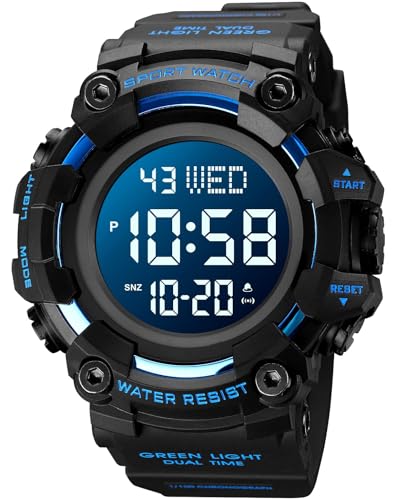 XCZAP Men's Black Digital Sports Watch, Large Face Military Tactical Watch, 5ATM Water Resistant, LED Backlight, Alarm, Stopwatch,Dual Time - color: Blue