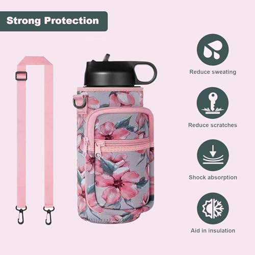 40oz Insulated Water Bottle Sling with Phone Pocket, Crossbody Carrier - color: Flower Pink, size: 40oz
