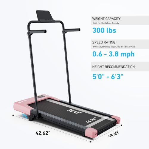 DeerRun Under Desk Walking Pad Treadmill for Home Office & Small Spaces, 6% Manual Incline, 0.6–3.8 MPH Walking Speed, 2.5 HP, 300 lb Capacity, App & Remote Control - color: BlushPink