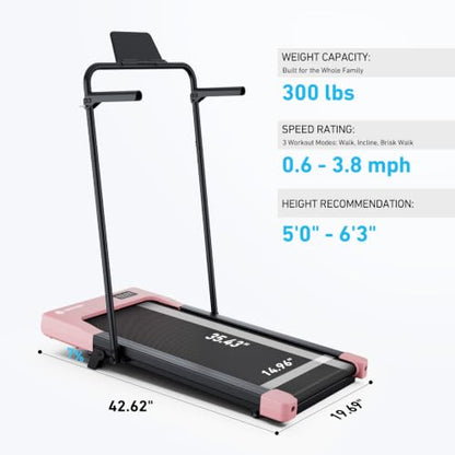 DeerRun Under Desk Walking Pad Treadmill for Home Office & Small Spaces, 6% Manual Incline, 0.6–3.8 MPH Walking Speed, 2.5 HP, 300 lb Capacity, App & Remote Control - color: BlushPink