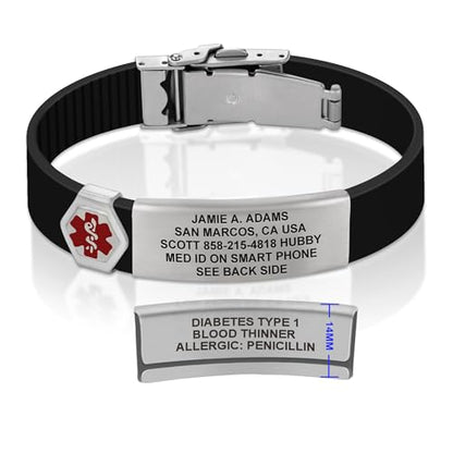 Divoti Custom Dual-Sided Engraved Silicone Medical Alert ID Wristband w/Security Clasp & Trim-to-Fit Band - Style - color: True Black / Brushed Stainless Silver / Red, size: Band Width - 13mm