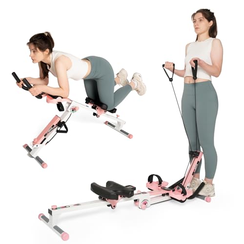 Tousains 3 in 1 Foldable Rowing Machine, AB Machine with 3 Level Angle & Led Monitor, Multi-Functional Rower Fitness Equipment Home Gym Full Body Fitness Machine - color: pink