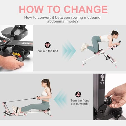 Tousains 3 in 1 Foldable Rowing Machine, AB Machine with 3 Level Angle & Led Monitor, Multi-Functional Rower Fitness Equipment Home Gym Full Body Fitness Machine - color: pink