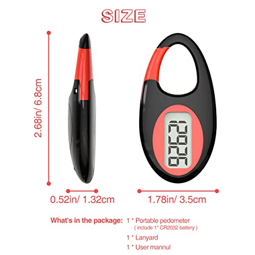 Simple 3D Step Counter, Walking Pedometer, Steps Tracker with Neck Lanyard/Carabiner for Men Women Teens Adults Seniors - color: Black-red