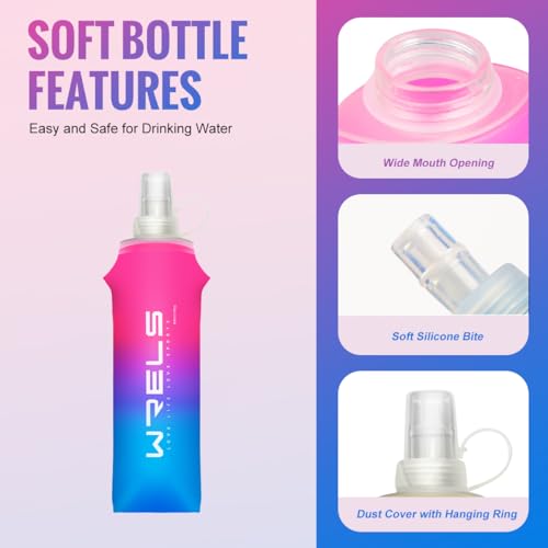 WRELS TPU Soft Flask Lightweight Portable Reusable Water Bottle,BPA Free Collapsible Flask for Hydration Pack in Running Hiking Cycling and Marathon - color: Rose Red&Dark Blue-250ml*2