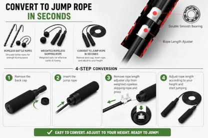 Ropeless Battle Ropes & Weighted Ropeless Skipping Rope Set, Portable Home Gym Equipment for HIIT Cardio Fitness Training, Fat Burning Strength Workout Gear