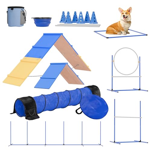FetchFlow Dog Agility Training Equipment – Complete Backyard Agility Course Set w/Adjustable A-Frame Ladder, Weave Poles, Cones, Jump Hoop, Tunnel & Sandbags – Outdoor Dog Playground Kit