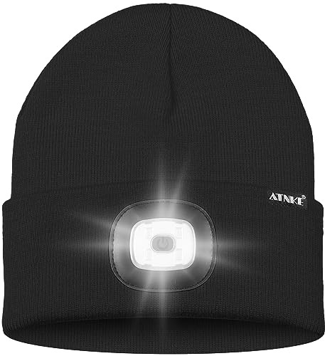 ATNKE LED Lighted Beanie Hat,USB Rechargeable 8 LED Red Glow Flashing Alarm Running Headlamp Cap Gifts for Men and Women - color: #Black