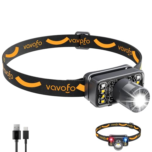 VAVOFO LED Headlamp Flashlight, 500 Lumen Rechargeable Waterproof Outdoor Headlight with Bright White +Red Light, Stepless Dimming, Lightweight, Adjustable Headband, 5 Modes for Camping - size: 1 Pack