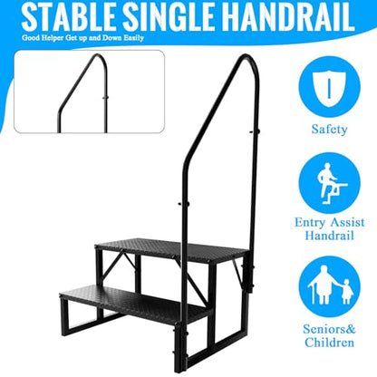 2 Step RV Stairs with Handrail, 660LBS Heavy Duty Anti-Slip Metal RV Steps, Detachable Outdoor Stairs for 5th Wheel/Hot Tub/Mobile Home/Pool - size: 2 Step