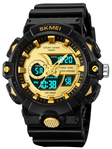 FANMIS Men's Analog Digital Sports Watch 50M LED Backlight Military Watch - color: Black Gold