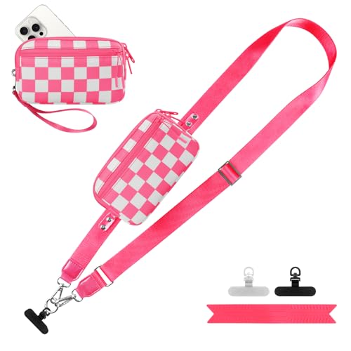 YFWE Clip and Go Strap for Phone with Wallet Crossbody, Adjustable Phone Lanyard with Detachable RFID Wristlet Wallet, Phone Strap with Phone Tabs for All Phones, Pink Checkered (L) - color: Pink Checkered, size: Large