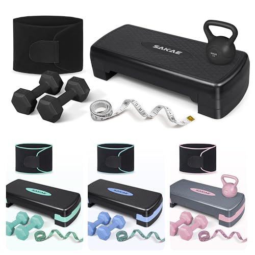 SAKAE Adjustable Aerobic Stepper Kit with Dumbbells & Kettlebell & Weightlifting Belt & Measuring Tape, 2 Level Risers Exercise Step Platform for Home Gym Exercise Fitness Workout, Multiple Colors - color: Black