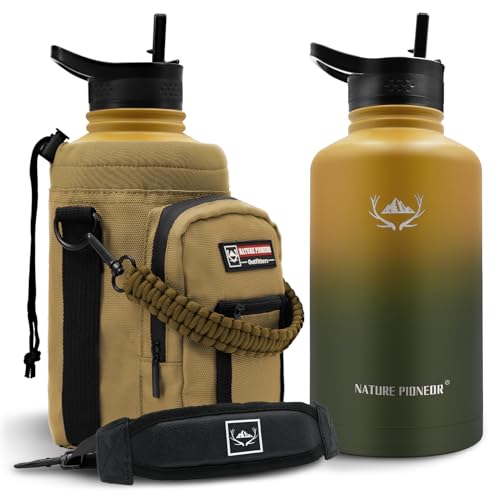 NATURE PIONEOR 64 oz Insulated Water Bottle with Carrier Bag & 3 Lids - color: Forest Green, size: 64 Ounces