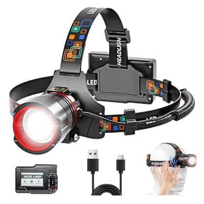 LED Rechargeable Headlamp with Motion Sensor, Zoomable, 90° Adjustable