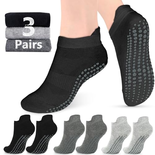 AURUZA Grip Socks for Women Men Pilates Grip Socks Non Slip Yoga Sock with Grips for Barre Barefoot Hospital Grippy Sock - color: 3 Pairs - Black/Dark Grey/Light Grey, size: Small