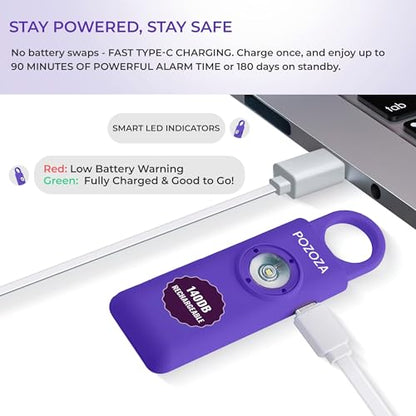 140dB Loudest USB-C Rechargeable Personal Alarm Keychain for Women – Low Battery Indicator, Strobe Light & Panic Button for Self Defense Weapons, Seniors & Travel Safety Essentials (Violet)