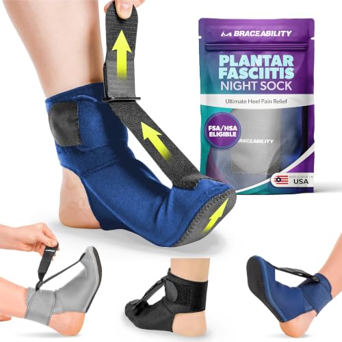 BraceAbility Plantar Fasciitis Night Splint Sock - Plantar Fascia Boot for Sleeping, Achilles Tendonitis Relief, Foot Drop, Heel Pain - Planter Facetious Brace for Women and Men - Navy (S) - color: Navy, size: Small
