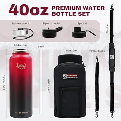 NATURE PIONEOR 40 oz Insulated Water Bottle with Carrier Bag & 3 Lids - color: Red Black, size: 40 Ounces