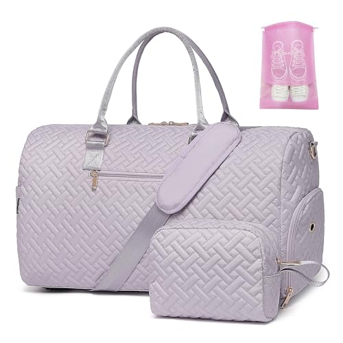 Duffle Bag for Travel, Weekender Bag with Shoe Compartment, Carry On Overnight Bag for Women with Toiletry Bag, 50L Gym Bag with Wet Pocket, Hospital Bags for Labor and Delivery Pink - color: Light purple