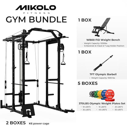 Mikolo Power Cage, Power Rack with Cable Crossover System, 1500LBS Squat Rack with LAT Pull Down System, Workout Cage with Pulley System for Fitness Home Gym - color: Black, style: Package with Color BP 370LB