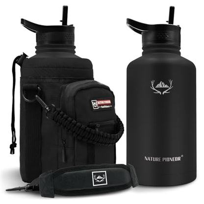 NATURE PIONEOR 64 oz Insulated Water Bottle with Carrier Bag & 3 Lids - color: Black, size: 64 Ounces