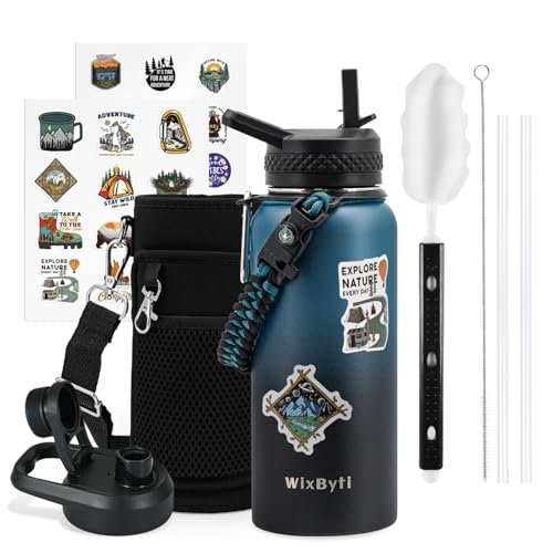 WixByti 32 oz Insulated Water Bottle with Straw, Stainless Steel Water Jug - color: Blue/Black Gradient, size: 32 Ounces