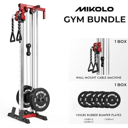 Mikolo Wall Mount Cable Station, Cable Crossover Machine with Dual Pulley System and 19/27 Adjustable Positions for Home Gym Fitness Equipment - color: RED, size: G3 Package(100LB Black Plates)