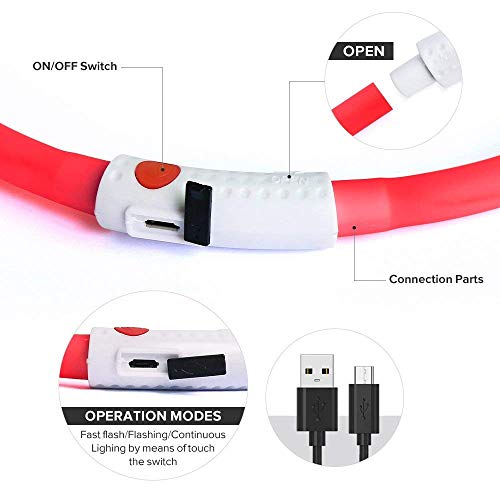 BSEEN Light Up Dog Collar, Silicone LED Dog Collar Rechargeable Cat Collar Cuttable Glowing Puppy Necklace Safety Dog Lights for Night Walking (Red) - color: Red-Standard(70cm)