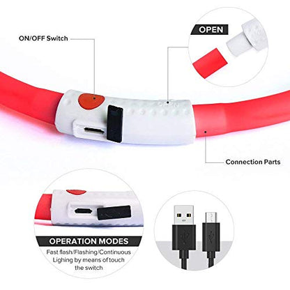 BSEEN Light Up Dog Collar, Silicone LED Dog Collar Rechargeable Cat Collar Cuttable Glowing Puppy Necklace Safety Dog Lights for Night Walking (Red) - color: Red-Standard(70cm)