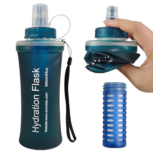 500ml Collapsible Water Bottle with Filter for Hiking Backpacking(Green) - color: Dark green, 500ml