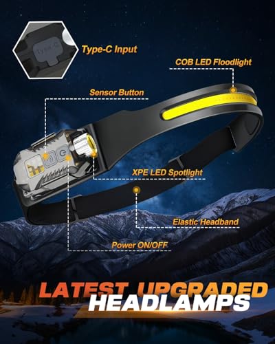 Victoper Rechargeable Headlamp 2Pack, Detachable 230° Wide Beam LED 2in1 Head Lamp with Motion Sensor, Hard Hat Head Light for Adults, 9 Modes Flashlight for Running Hunting Camping Essentials Gear - color: Black