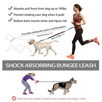 LANNEY Hands Free Dog Leash, Waist Running Leash with Zipper, Walking Pouch for Medium Large Dogs, Dual Handle and Retractable Bungee for Training Jogging Hiking(25-120 lbs, Grey) - color: Black/Grey