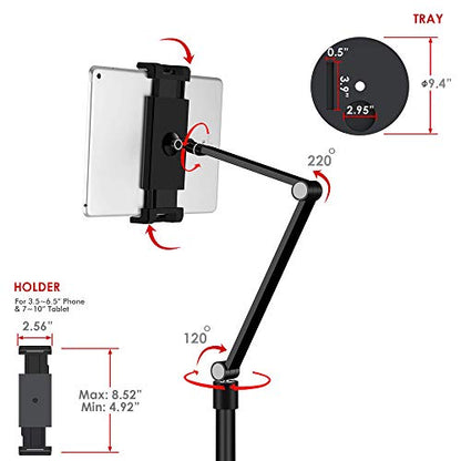 Adjustable Metal Tablet Phone Stand Mount Holder Compatible with Ipad Pro, Ipad Air.iPad mini,iPhone,Great for Office/Bed/Zoom/Netflix (Built in Cup/Phone Tray) (Black)