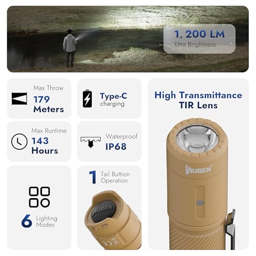 WUBEN C3 Flashlight 1200 High Lumens 6 Modes Rechargeable Flashlights - color: Khaki