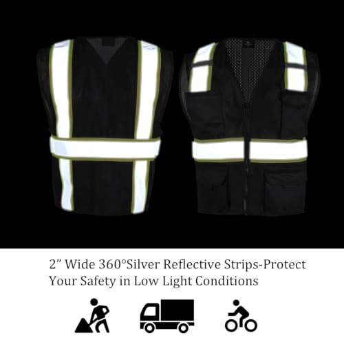 VENDACE Hi Vis Safety Reflective Mesh Vest for Men ANSI Class 2 High Visibility Vest with 8 Pockets and Zipper - color: Black, size: XX-Large